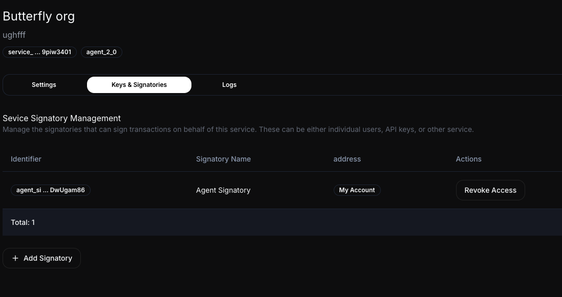 Highlighted Keys and Signatories tab on the Service Dashboard