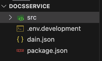 Service files, Showing src with index.ts file and .env.development, dain.json. and package.json, and tsconfig.json